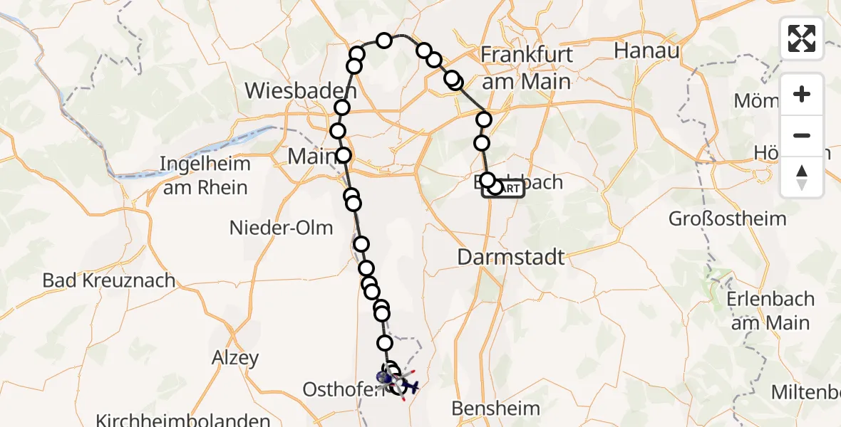 Flugroute Polizeihubschrauber Flughafen Frankfurt-Egelsbach - Groß-Rohrheim, 04 September 2026, 19:43