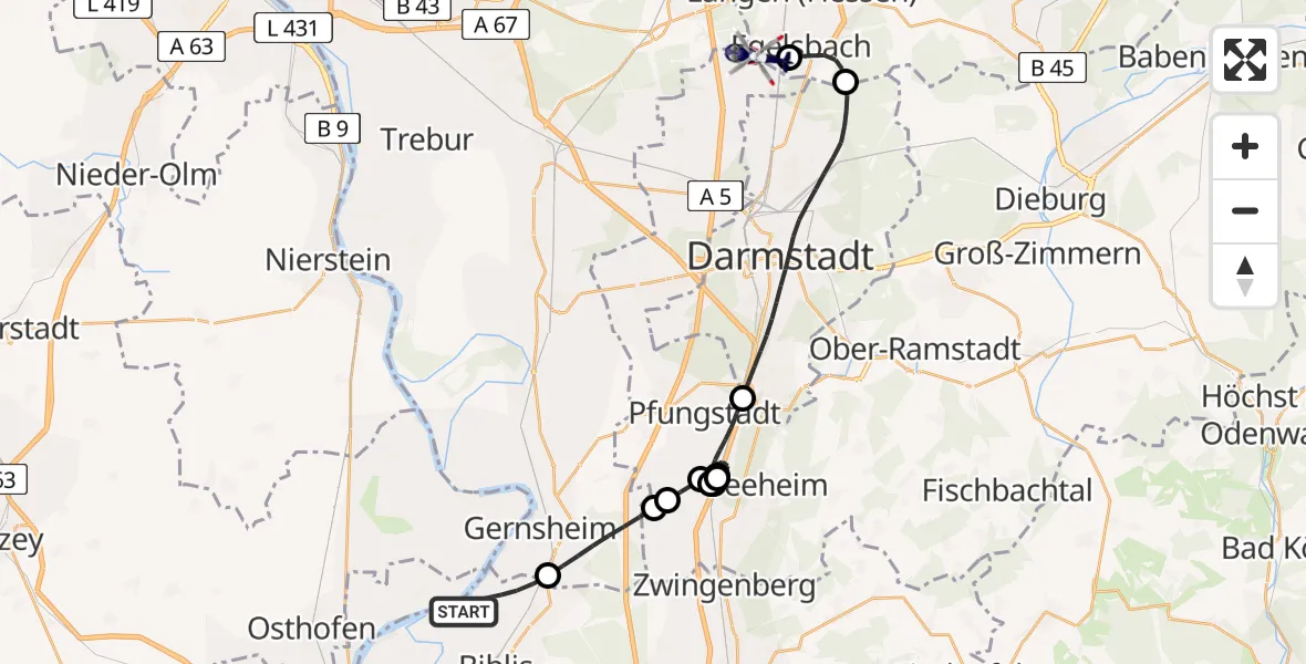 Flugroute Polizeihubschrauber Groß-Rohrheim - Flughafen Frankfurt-Egelsbach, 04 September 2026, 20:24