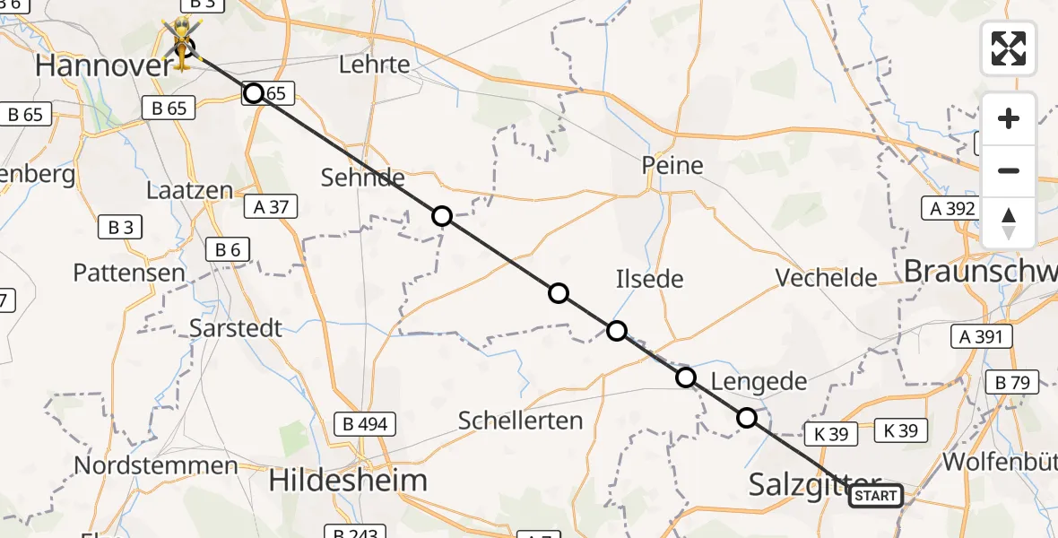 Flugroute Rettungshubschrauber Salzgitter - Hannover Luftrettung Hubschrauberlandeplatz (Christoph 4), 04 September 2026, 21:24