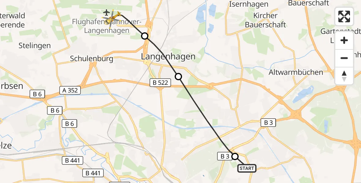 Flugroute Rettungshubschrauber Hannover Luftrettung Hubschrauberlandeplatz (Christoph 4) - Flughafen Hannover, 04 September 2026, 22:31