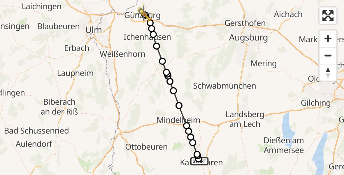 Flugroute Rettungshubschrauber Ostallgäu-Kaufbeuren Hospital - Günzburg Hospital, 04 September 2026, 23:55