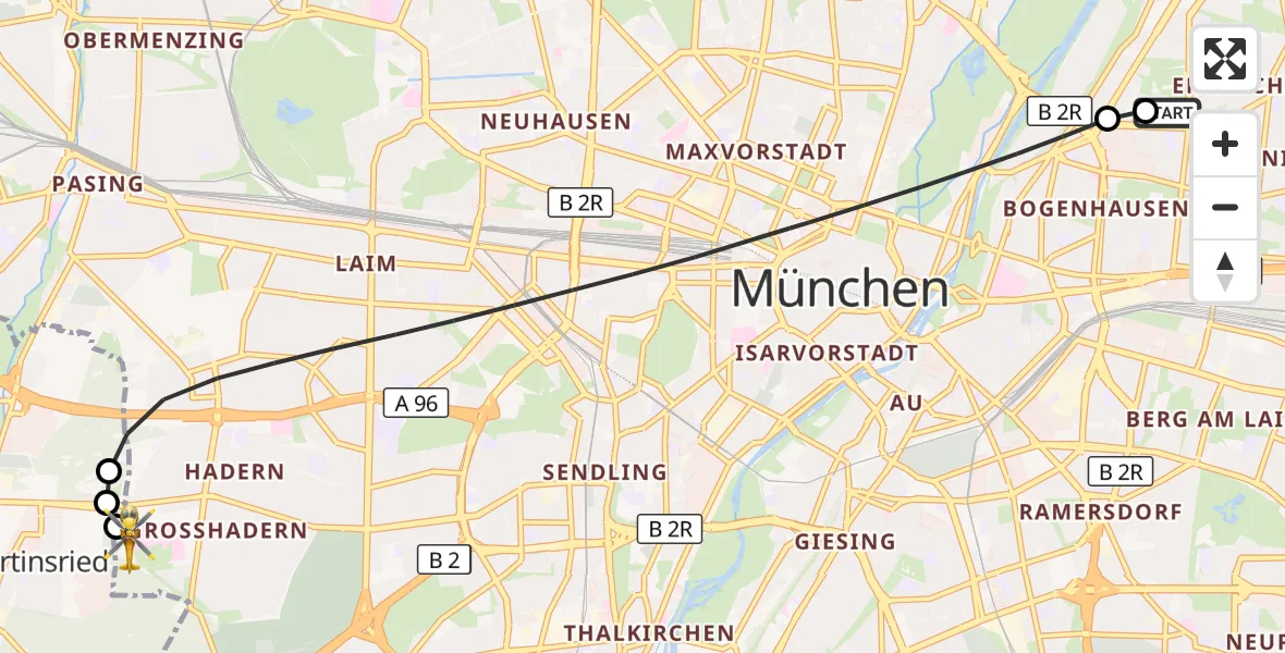Flugroute Rettungshubschrauber München Bogenhausen Hospital - DRF Air Rescue München Hubschrauberlandeplatz, 05 September 2026, 00:05