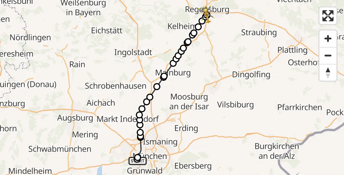 Flugroute Rettungshubschrauber DRF Air Rescue München Hubschrauberlandeplatz - DRF Air Rescue Station Regensburg / Regensburg University Hospital, 05 September 2026, 00:25