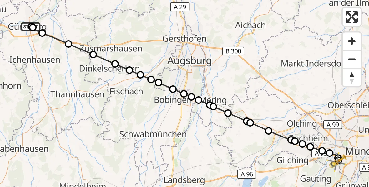 Flugroute Rettungshubschrauber Günzburg Hospital - DRF Air Rescue München Hubschrauberlandeplatz, 05 September 2026, 00:36