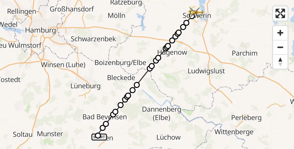 Flugroute Rettungshubschrauber ADAC Air Rescue Station Uelzen Hubschrauberlandeplatz (Christoph 19) - Schwerin, 05 September 2026, 00:41
