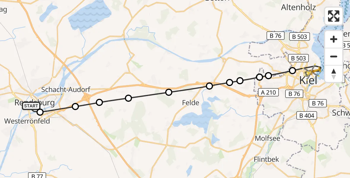 Flugroute Ambulanzhubschrauber Rendsburg - Kiel, 05 September 2026, 00:59