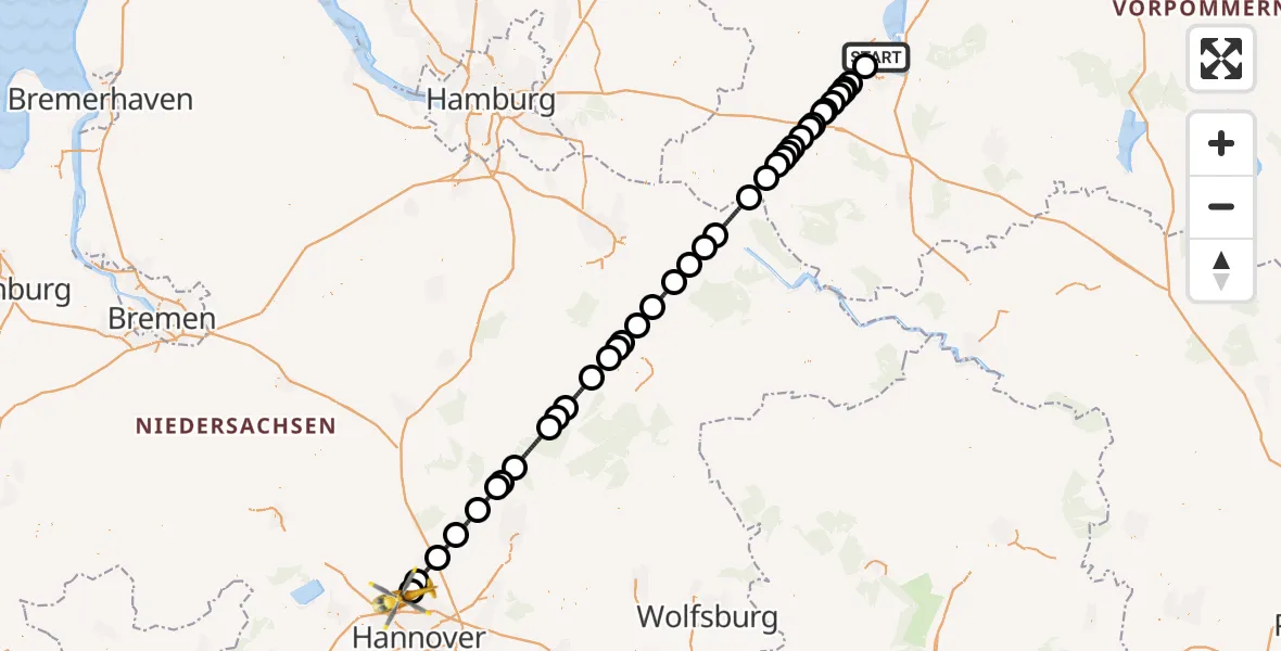 Flugroute Rettungshubschrauber Schwerin - Flughafen Hannover, 05 September 2026, 01:30