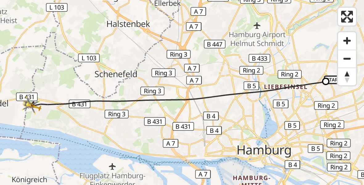 Flugroute Rettungshubschrauber Hamburg Military Hospital - Hamburg, 05 September 2026, 05:13