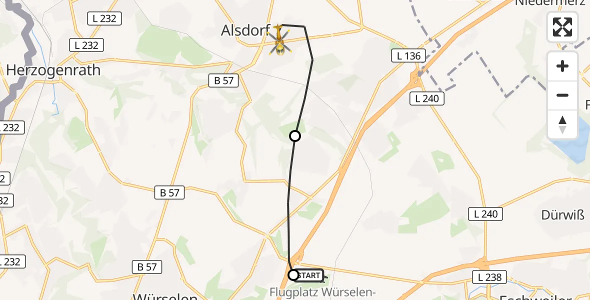 Flugroute Rettungshubschrauber Aachen-Merzbrück Flughafen - Alsdorf, 05 September 2026, 05:54