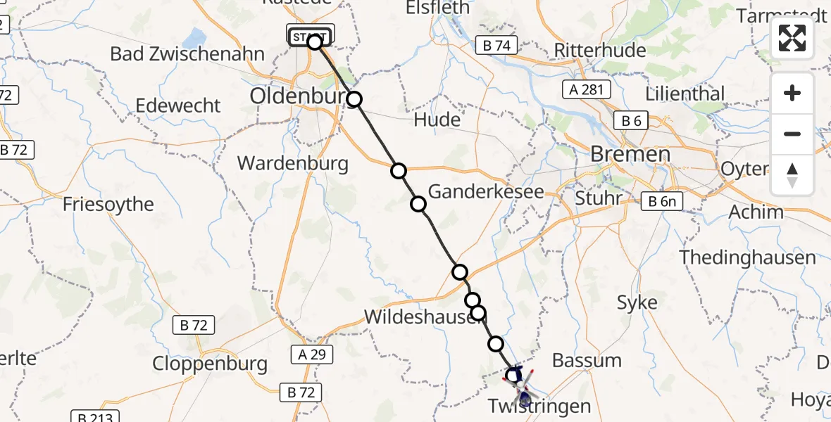 Flugroute Polizeihubschrauber Rastede - Twistringen, 05 September 2026, 06:02