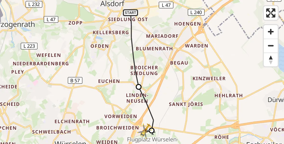 Flugroute Rettungshubschrauber Alsdorf - Aachen-Merzbrück Flughafen, 05 September 2026, 06:27