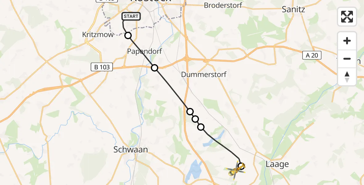 Flugroute Rettungshubschrauber Rostock - Flughafen Rostock-Laage, 05 September 2026, 06:56