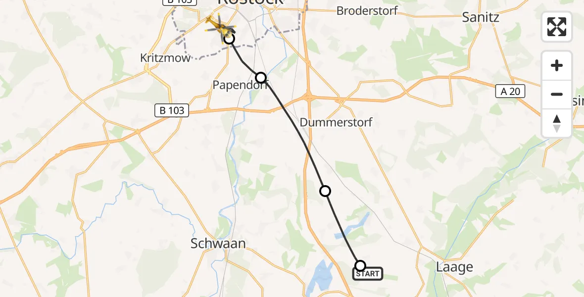 Flugroute Rettungshubschrauber Flughafen Rostock-Laage - Rostock, 05 September 2026, 07:24