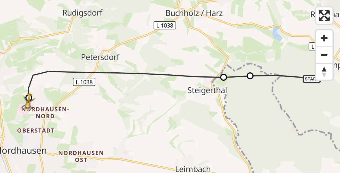 Flugroute Rettungshubschrauber Nordhausen - Südharz Hospital Nordhausen, 05 September 2026, 07:32