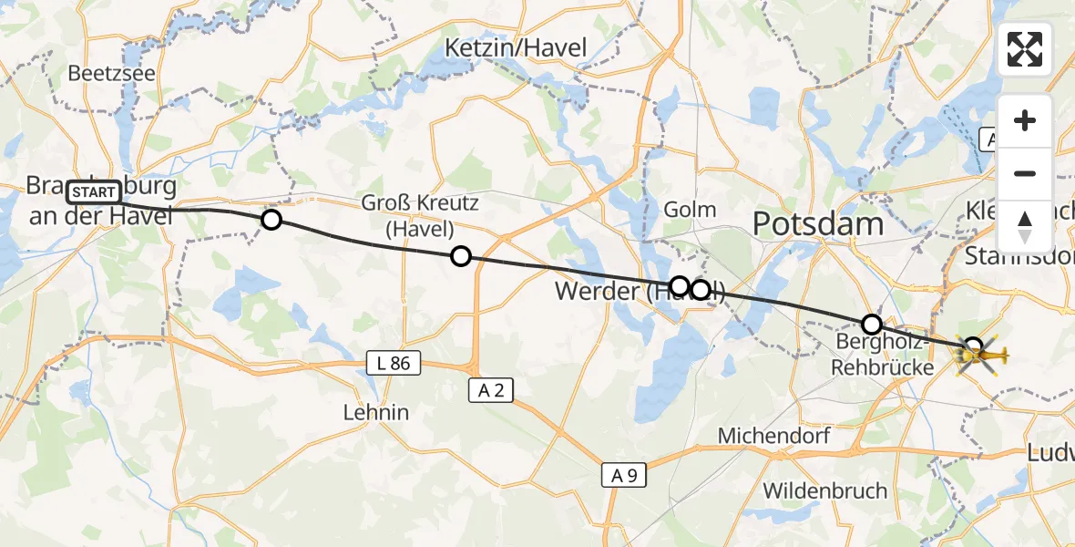 Flugroute Rettungshubschrauber Brandenburg an der Havel - Stahnsdorf, 05 September 2026, 08:26