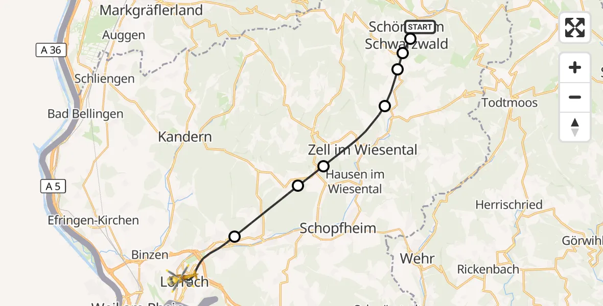 Flugroute Ambulanzhubschrauber Tunau - Lörrach, 05 September 2026, 08:32