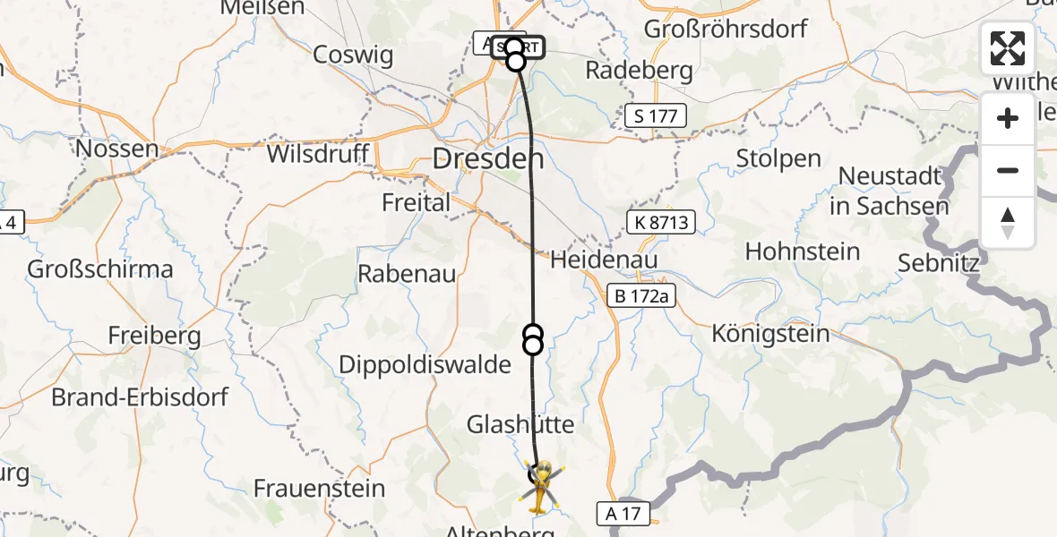 Flugroute Rettungshubschrauber Dresden Bundespolizei Hubschrauberlandeplatz - Altenberg, 05 September 2026, 08:45