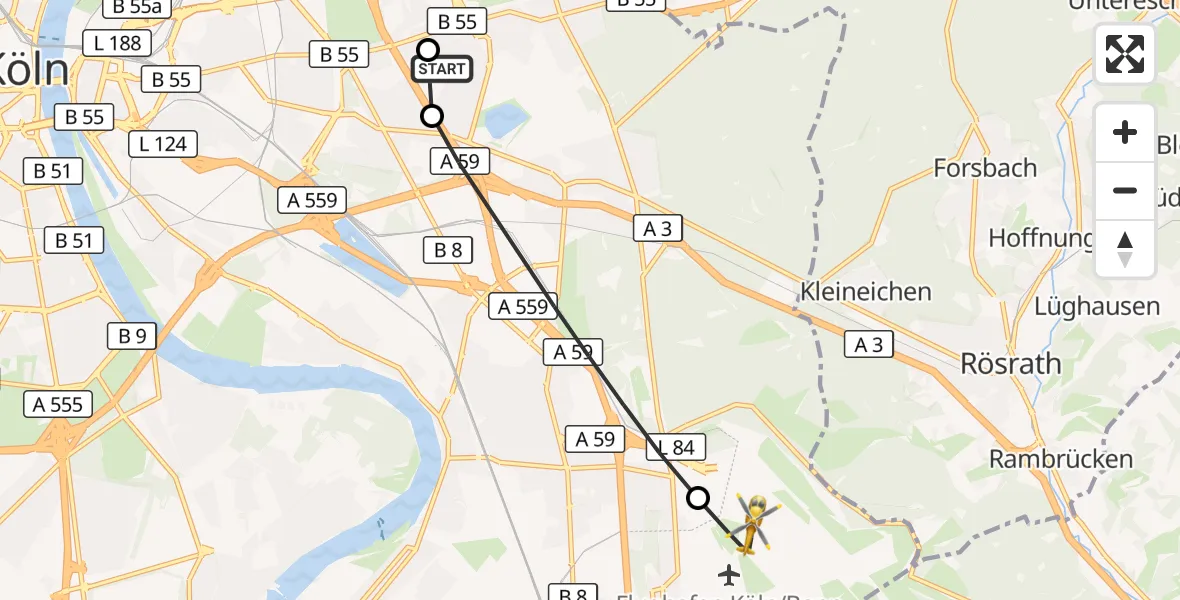 Flugroute Rettungshubschrauber Merheim Hospital - Köln Bonn Flughafen, 05 September 2026, 08:53