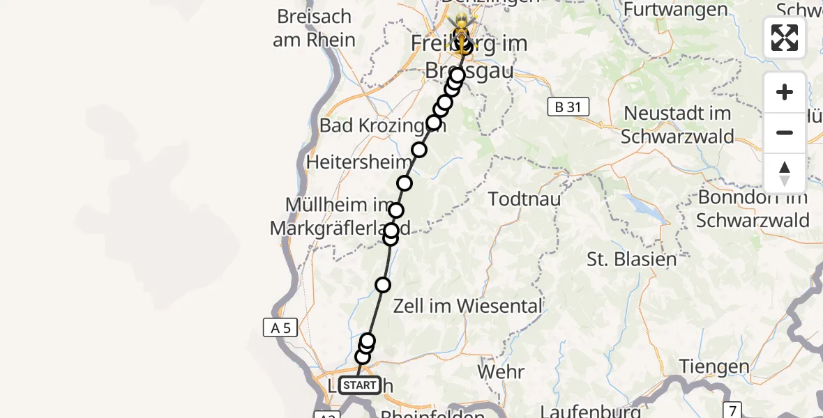 Flugroute Ambulanzhubschrauber Lörrach - Freiburg im Breisgau Flugplatz, 05 September 2026, 09:05