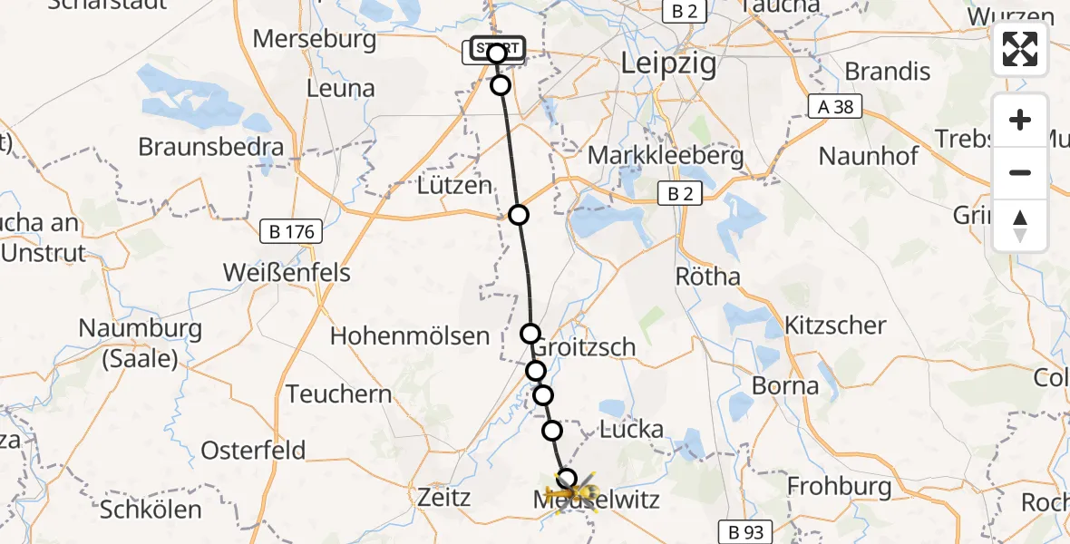 Flugroute Rettungshubschrauber ADAC Air Rescue Station Leipzig/Schkeuditz-Dölzig Hubschrauberlandeplatz (Christoph 61) - Meuselwitz, 05 September 2026, 09:17