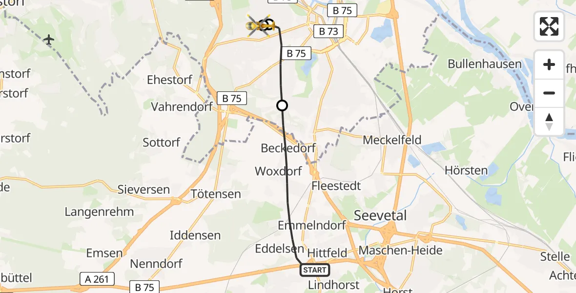 Flugroute Rettungshubschrauber Seevetal - Asklepios Hospital Harburg, 05 September 2026, 09:21