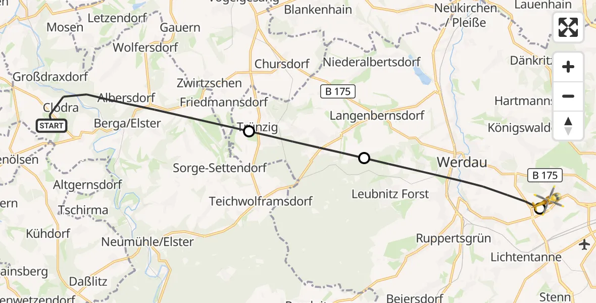 Flugroute Rettungshubschrauber Berga-Wünschendorf - ADAC Air Rescue Station Zwickau Hubschrauberlandeplatz, 05 September 2026, 09:31