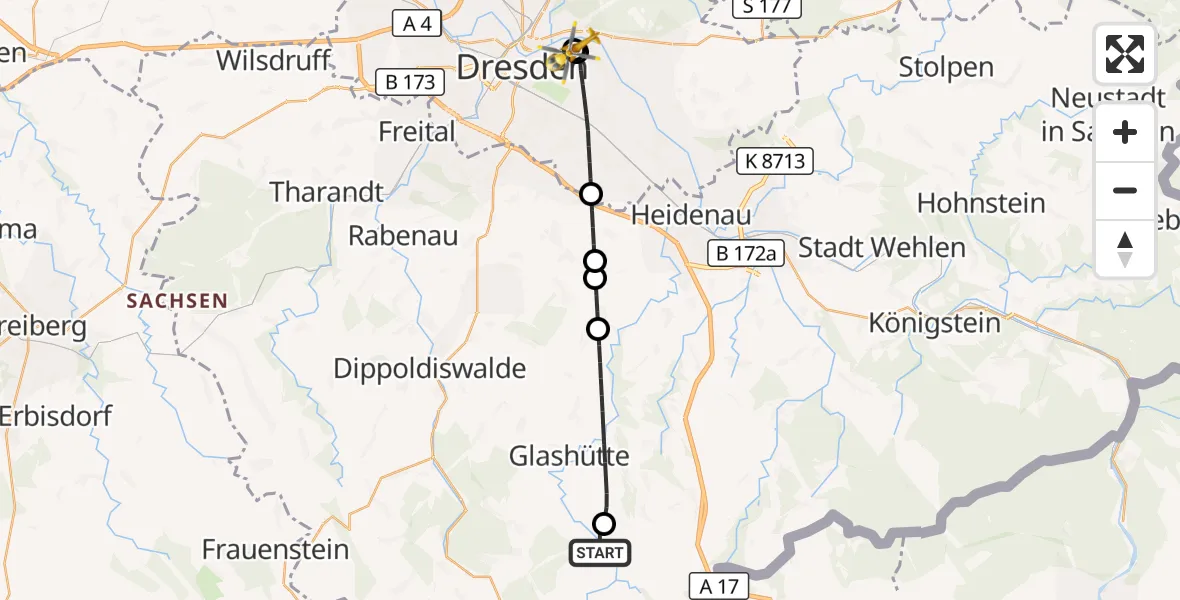 Flugroute Rettungshubschrauber Altenberg - Dresden University Hospital, 05 September 2026, 09:35