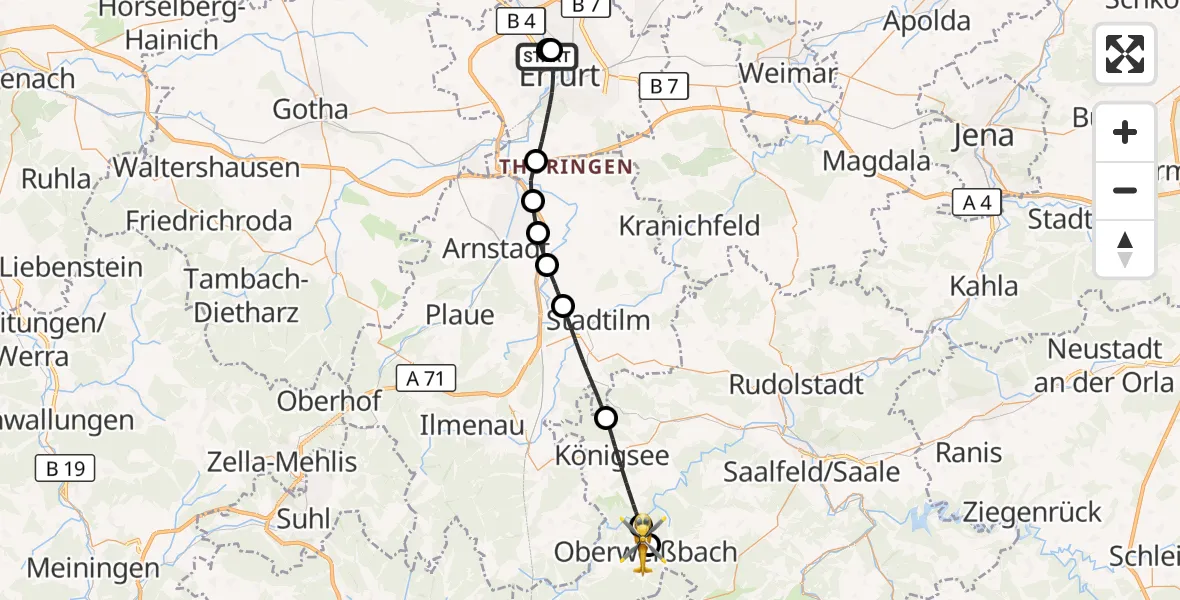 Flugroute Rettungshubschrauber Helios Clinic Erfurt - Schwarzatal, 05 September 2026, 09:45