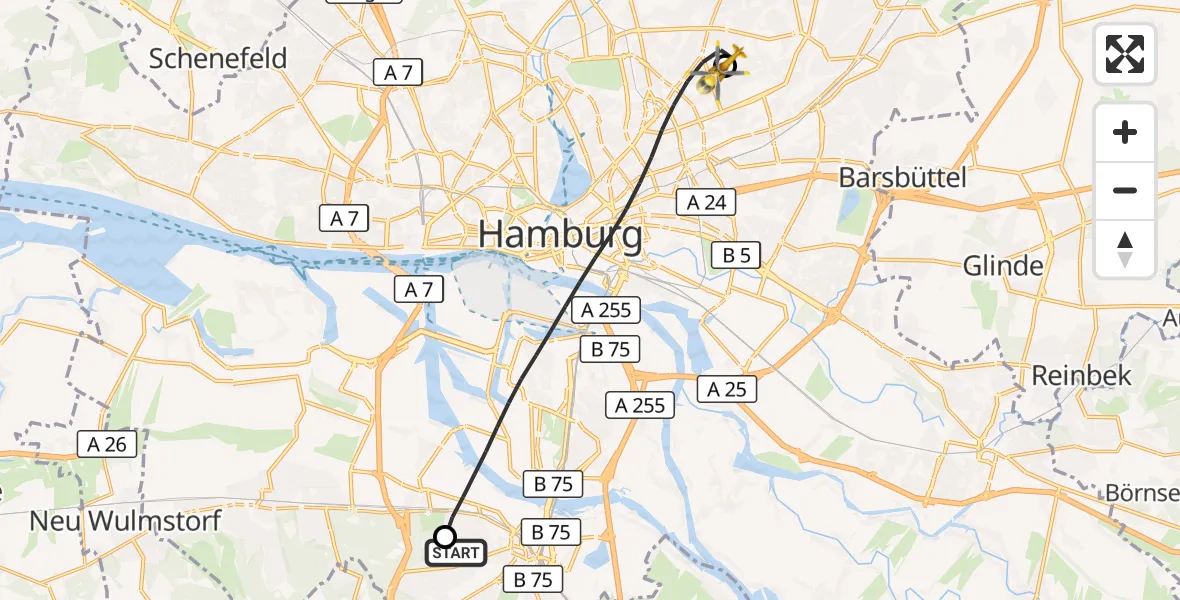 Flugroute Rettungshubschrauber Asklepios Hospital Harburg - Hamburg Military Hospital, 05 September 2026, 09:51