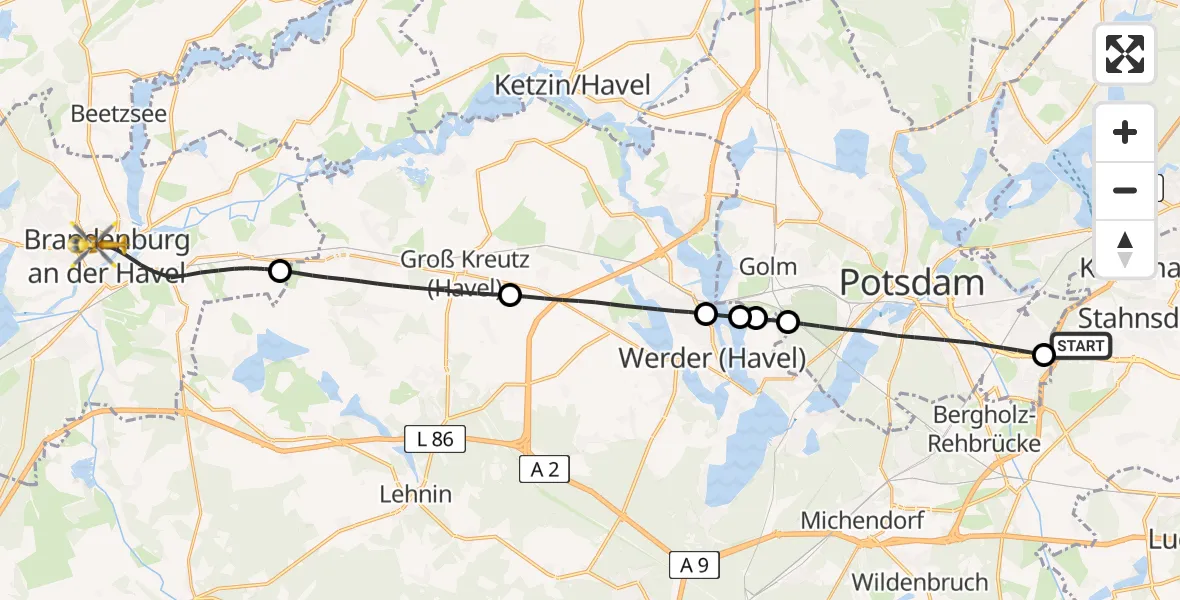 Flugroute Rettungshubschrauber Stahnsdorf - Brandenburg an der Havel, 05 September 2026, 09:51