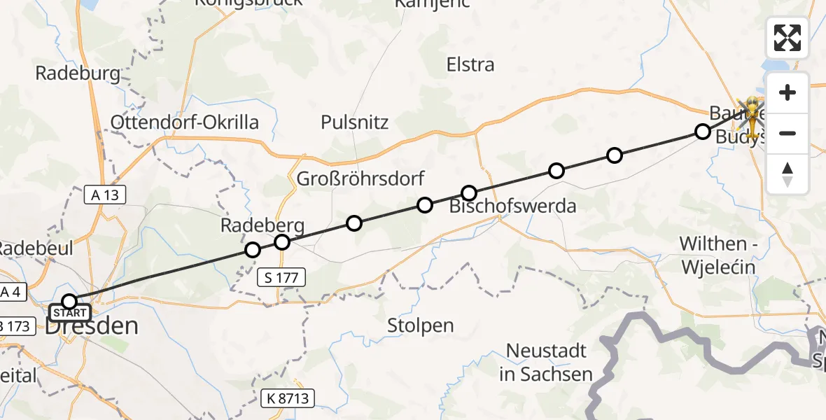 Flugroute Rettungshubschrauber Dresden Friedrichstadt Hospital - Bautzen, 05 September 2026, 10:14