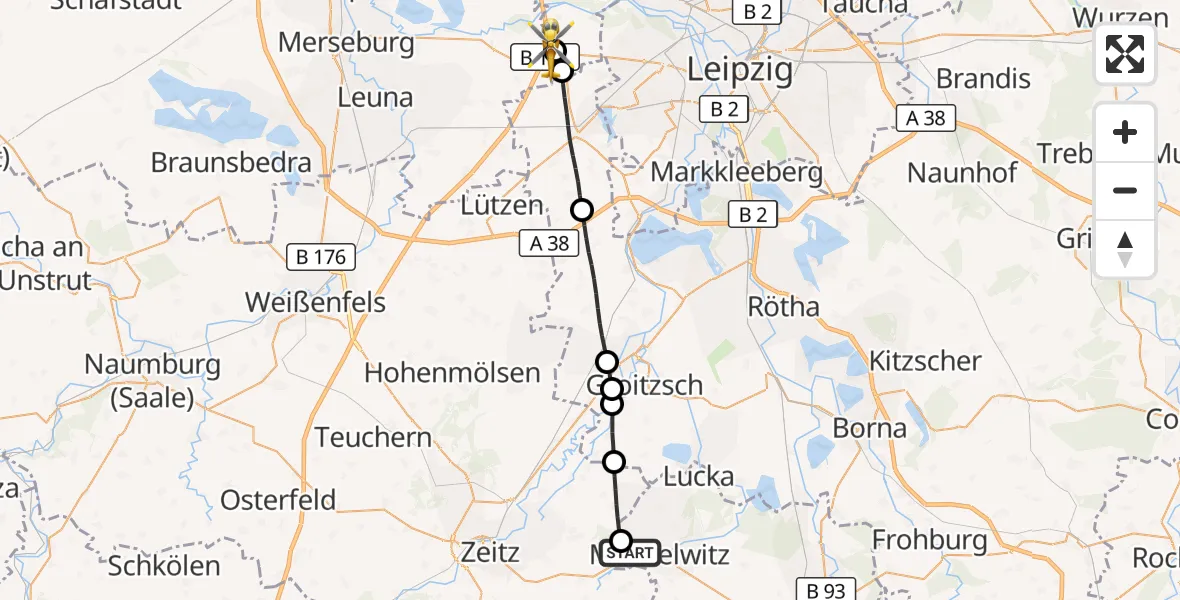 Flugroute Rettungshubschrauber Meuselwitz - ADAC Air Rescue Station Leipzig/Schkeuditz-Dölzig Hubschrauberlandeplatz (Christoph 61), 05 September 2026, 10:17