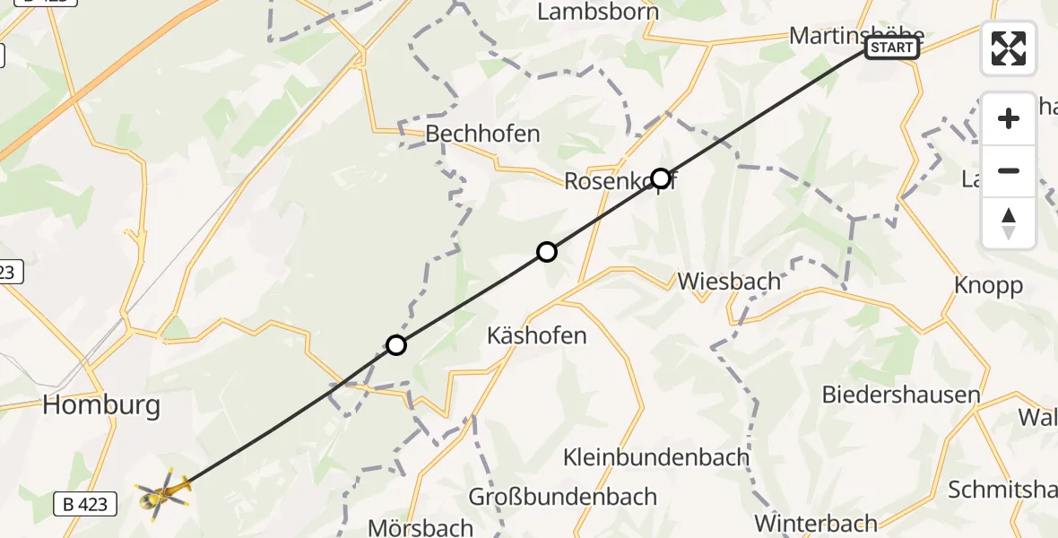 Flugroute Rettungshubschrauber Martinshöhe - Homburg, 05 September 2026, 10:26