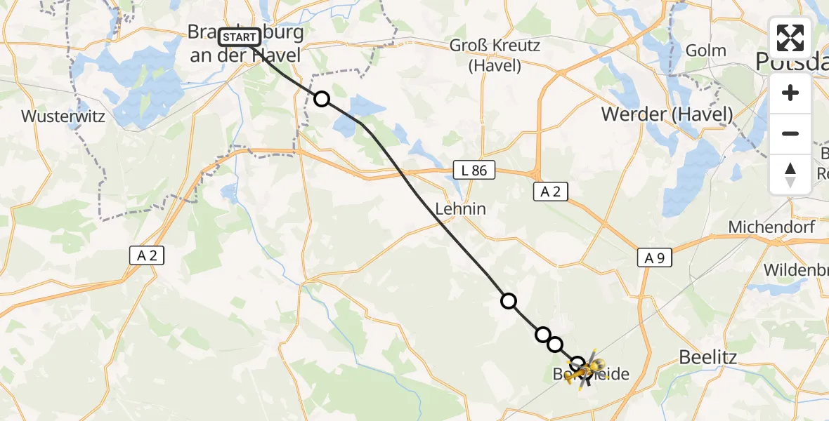 Flugroute Rettungshubschrauber Brandenburg an der Havel - Borkheide, 05 September 2026, 10:30