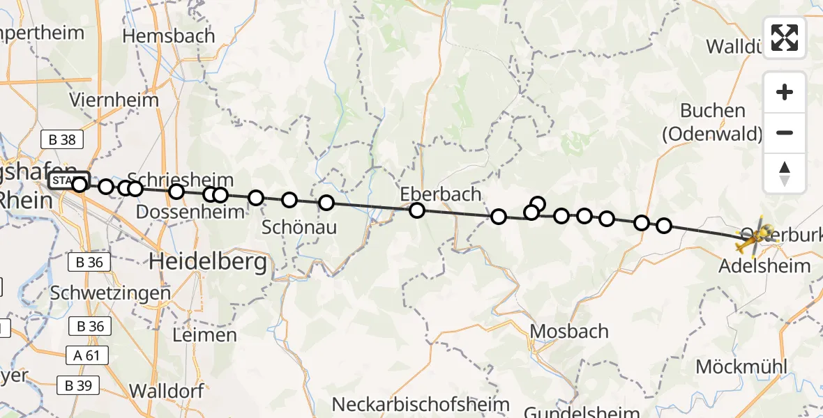 Flugroute Rettungshubschrauber Mannheim-City Flughafen - Seckach, 05 September 2026, 10:35