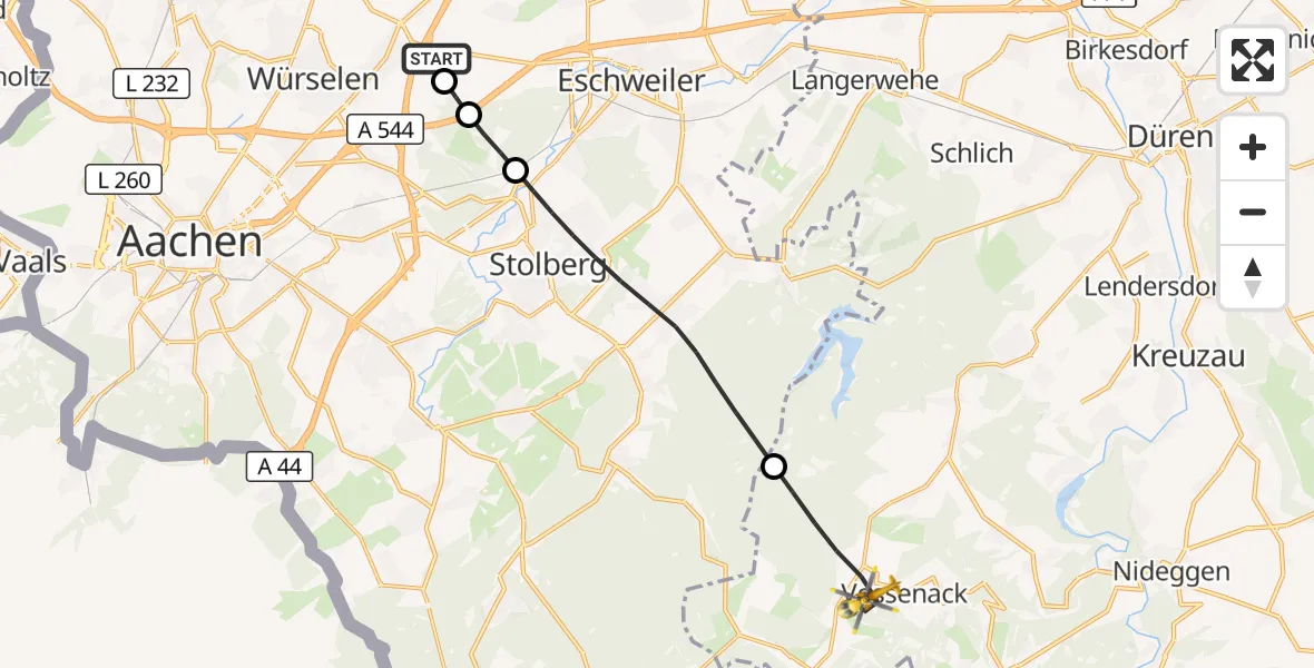Flugroute Rettungshubschrauber Aachen-Merzbrück Flughafen - Hürtgenwald, 05 September 2026, 10:36