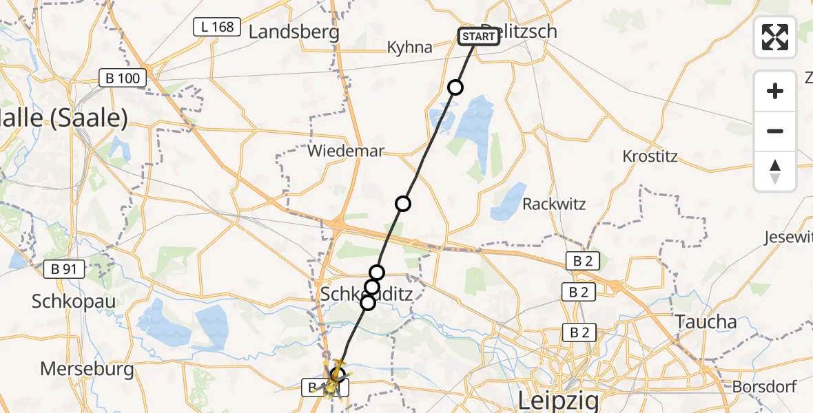 Flugroute Rettungshubschrauber Delitzsch - ADAC Air Rescue Station Leipzig/Schkeuditz-Dölzig Hubschrauberlandeplatz (Christoph 61), 05 September 2026, 10:54