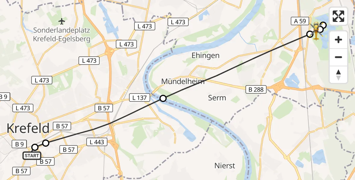 Flugroute Rettungshubschrauber Helios Clinic Krefeld - Duisburg Air Rescue Hubschrauberlandeplatz (Christoph 9), 05 September 2026, 10:54