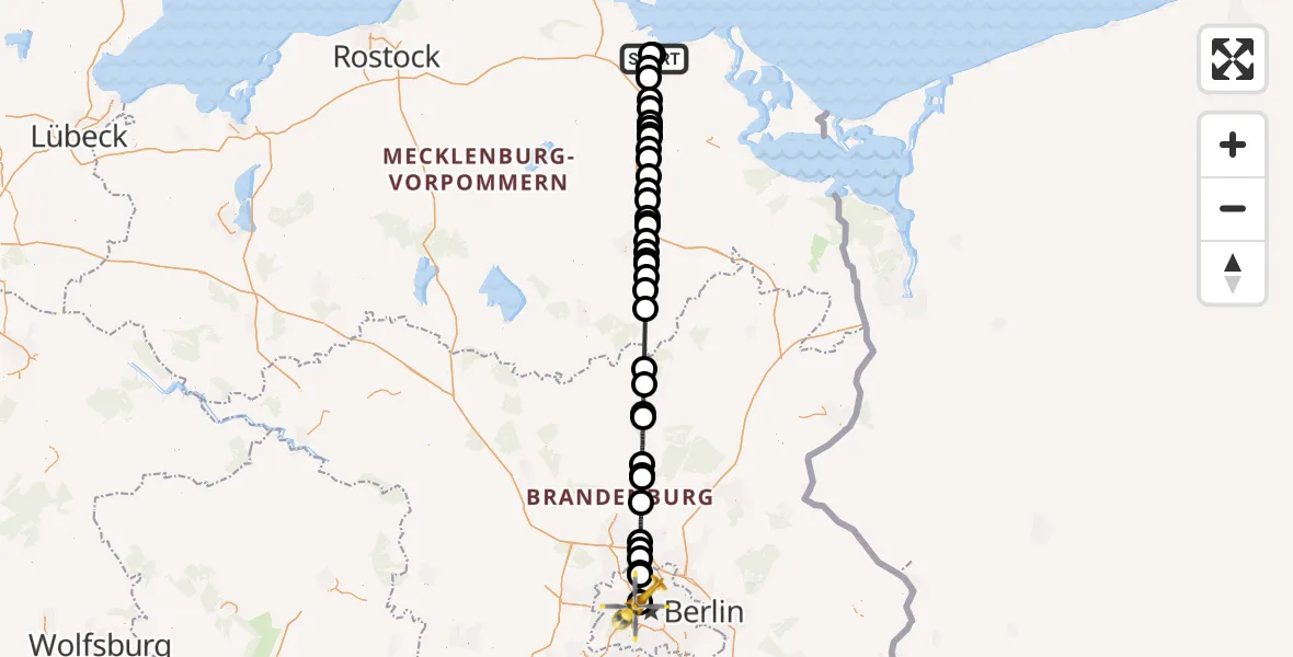Flugroute Rettungshubschrauber Greifswald Hospital - Charité Clinic Virchow Campus Hubschrauberlandeplatz, 05 September 2026, 10:55