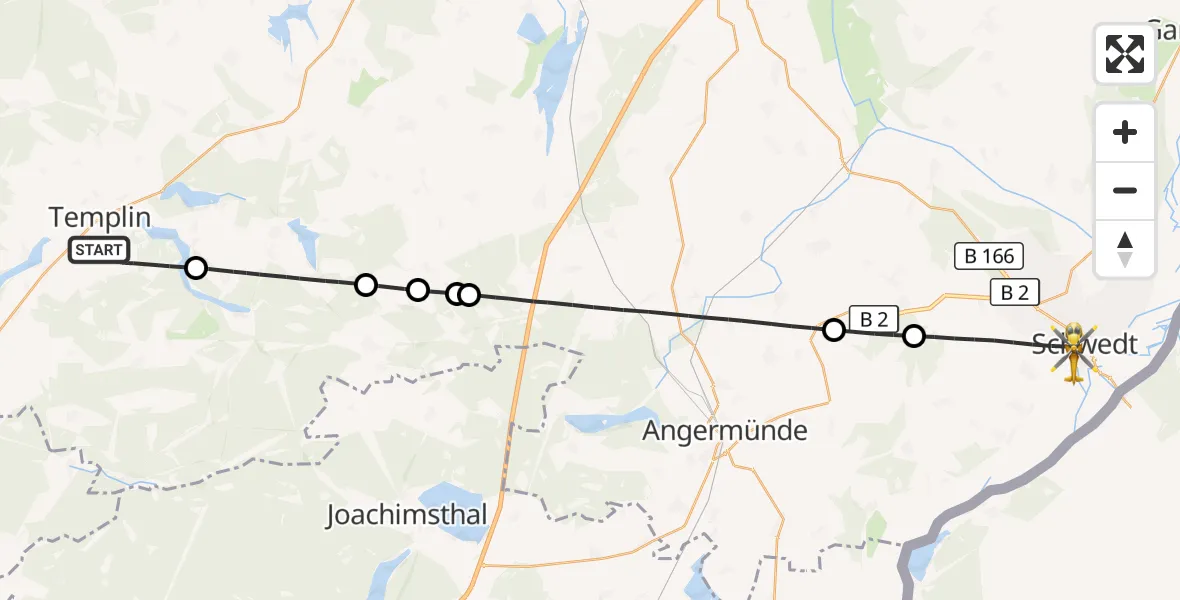 Flugroute Rettungshubschrauber Templin - Schwedt/Oder, 05 September 2026, 10:58