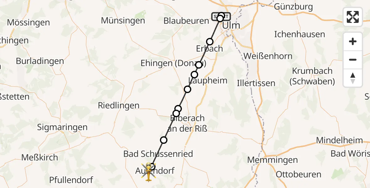 Flugroute Rettungshubschrauber Ulm Military Hospital Emergency - Aulendorf, 05 September 2026, 10:59