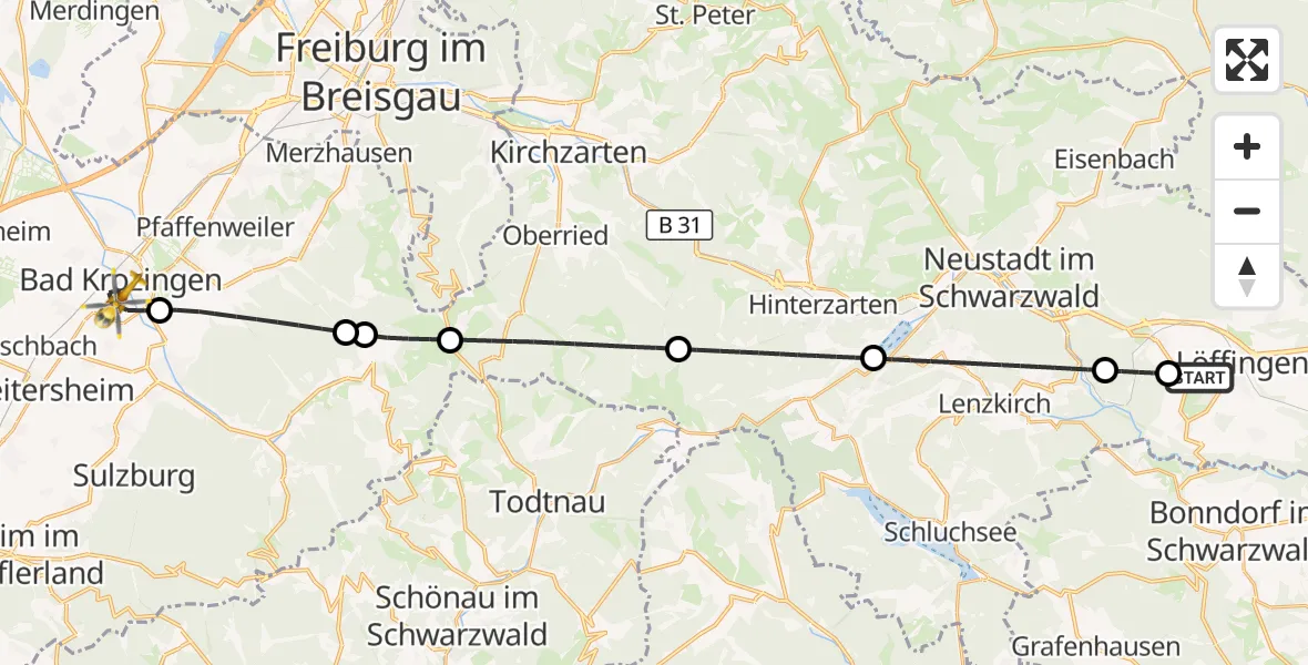 Flugroute Ambulanzhubschrauber Löffingen - Bad Krozingen, 05 September 2026, 11:02