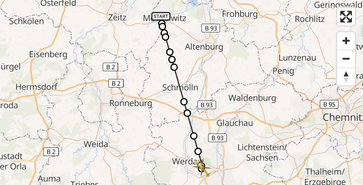 Flugroute Rettungshubschrauber Meuselwitz - ADAC Air Rescue Station Zwickau Hubschrauberlandeplatz, 05 September 2026, 11:04