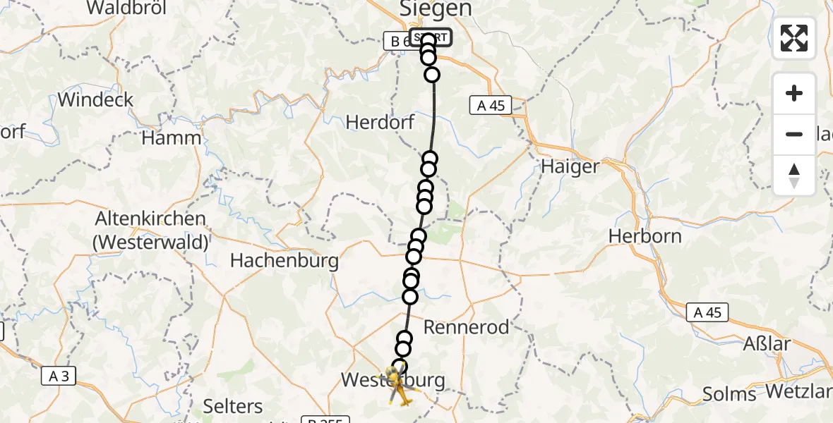 Flugroute Rettungshubschrauber Evangelisches Jung-Stilling Hospital - Westerburg, 05 September 2026, 11:04