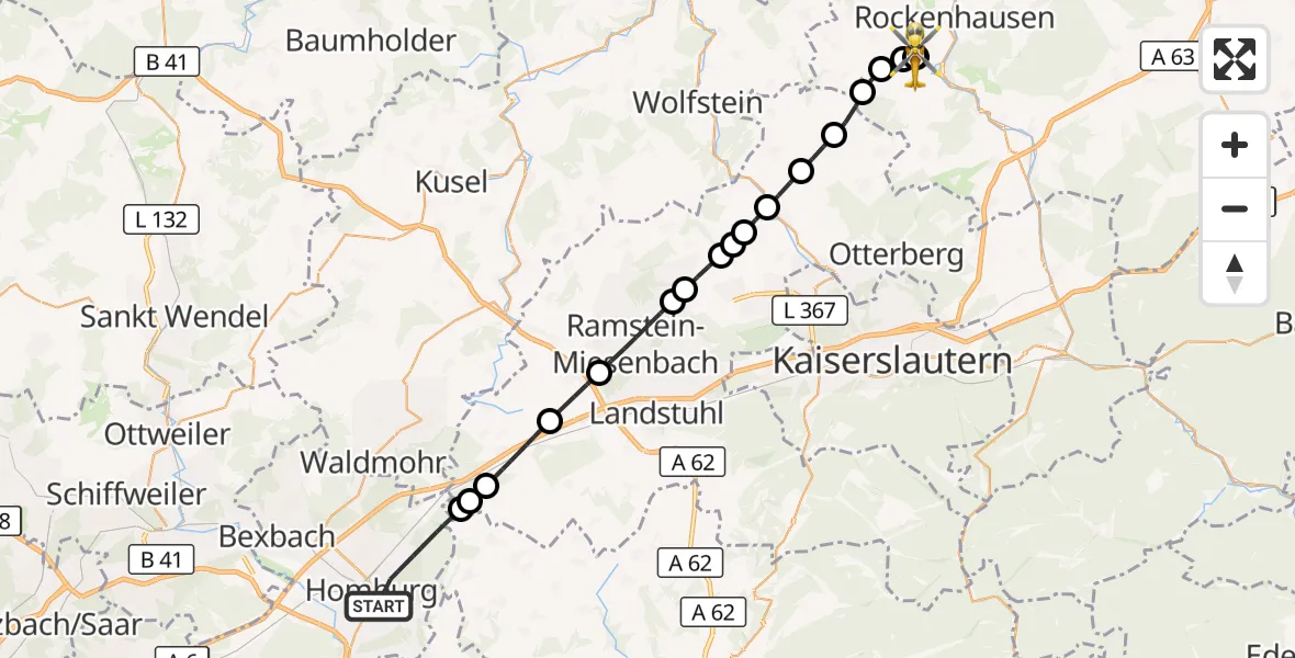 Flugroute Rettungshubschrauber Homburg - Rockenhausen, 05 September 2026, 11:06