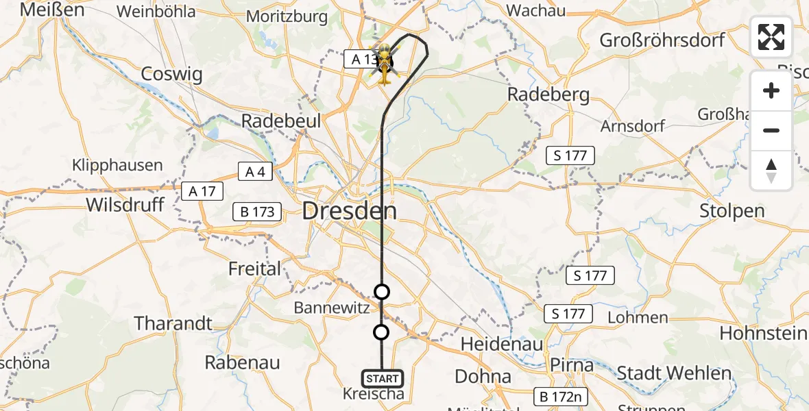 Flugroute Rettungshubschrauber Kreischa - Dresden Flughafen, 05 September 2026, 11:07