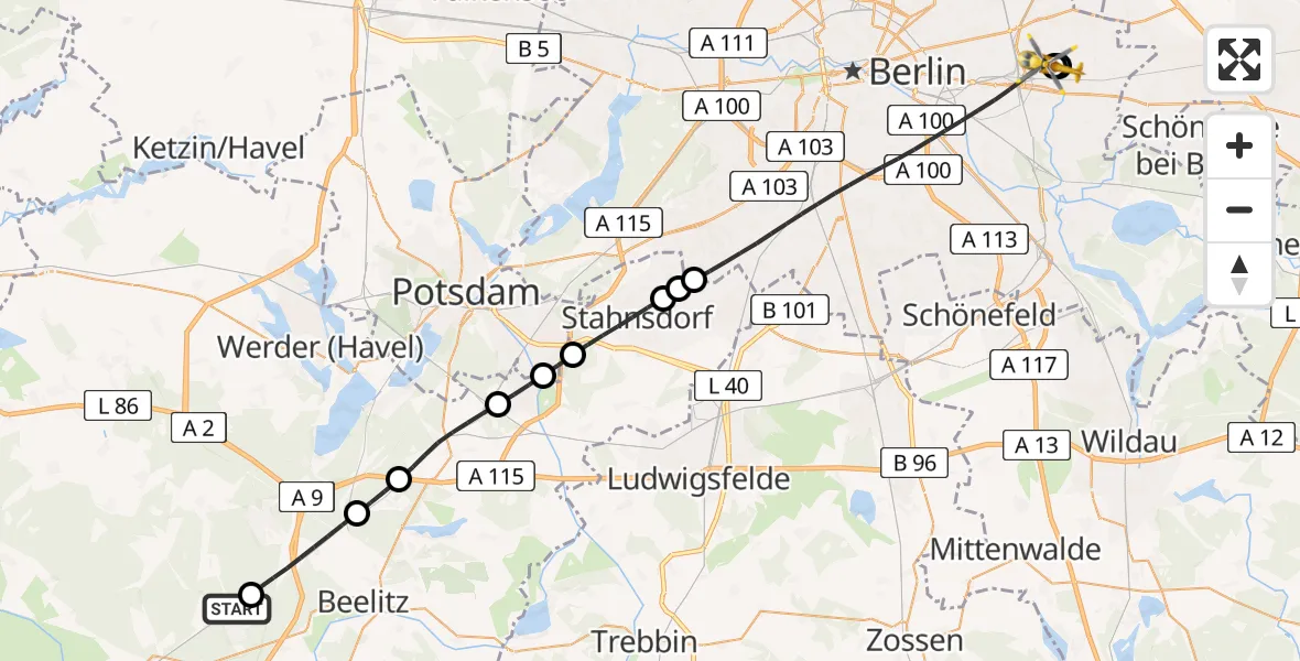 Flugroute Rettungshubschrauber Borkheide - Berlin Emergency Hospital, 05 September 2026, 11:09
