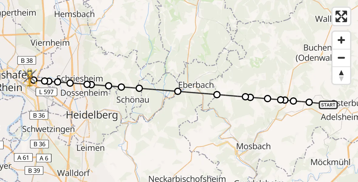 Flugroute Rettungshubschrauber Seckach - Mannheim-City Flughafen, 05 September 2026, 11:15