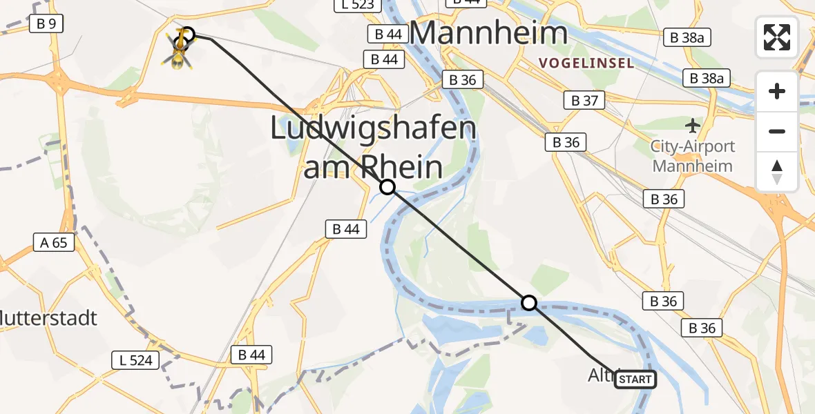 Flugroute Rettungshubschrauber Altrip - Ludwigshafen Accident Hospital, 05 September 2026, 11:24
