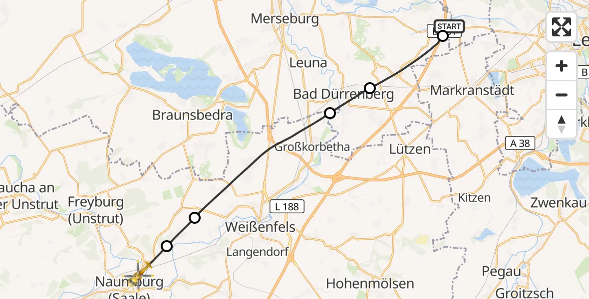 Flugroute Rettungshubschrauber ADAC Air Rescue Station Leipzig/Schkeuditz-Dölzig Hubschrauberlandeplatz (Christoph 61) - Naumburg (Saale), 05 September 2026, 11:26
